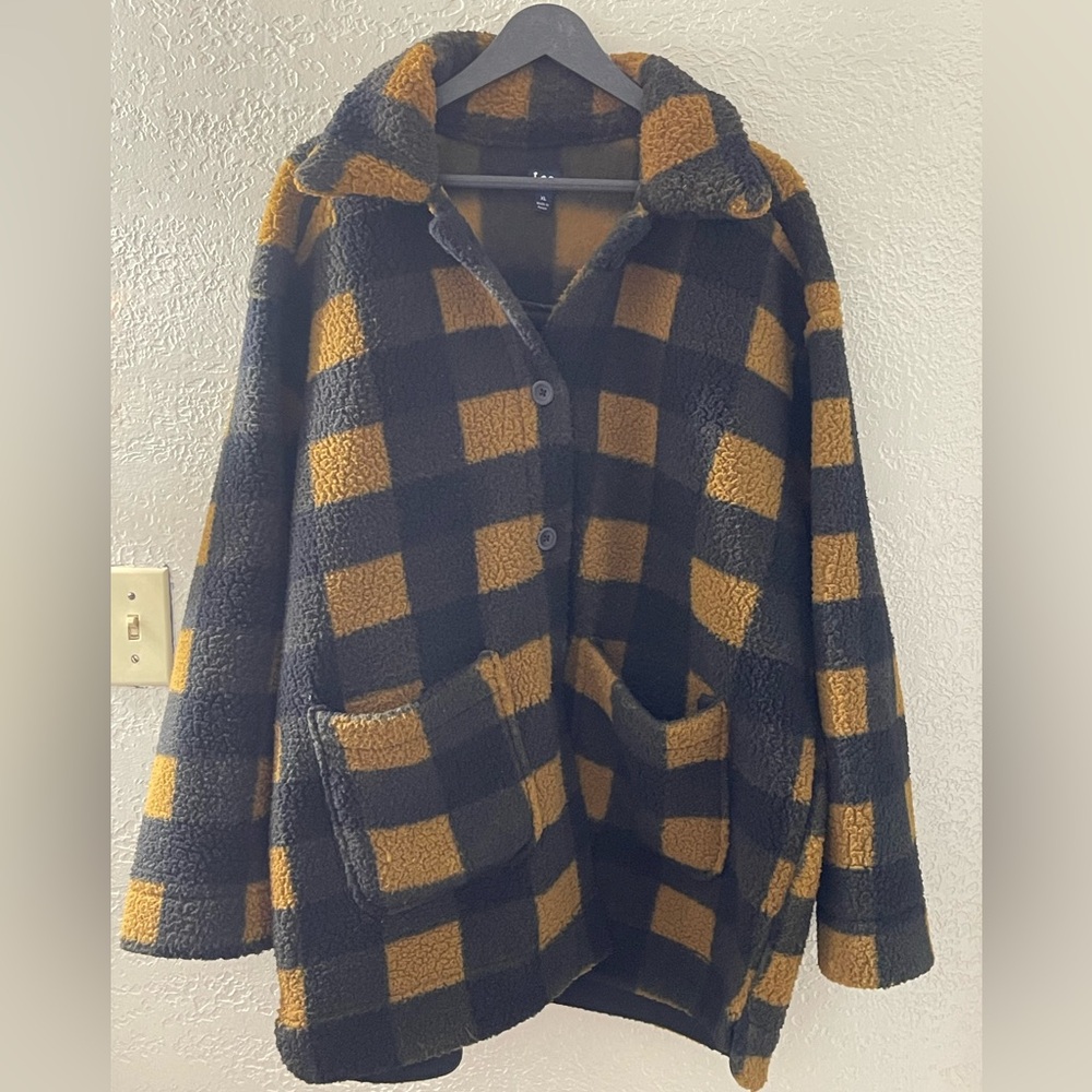 Y2K Lee Women’s Black/Brown Checkered Fleece Oversized‎ Jacket Medium